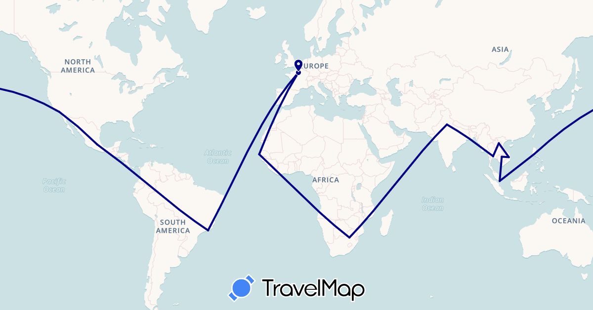 TravelMap itinerary: driving in Benin, Brazil, France, India, Kenya, Cambodia, Mexico, Nigeria, Philippines, Rwanda, Senegal, Thailand, United States (Africa, Asia, Europe, North America, South America)